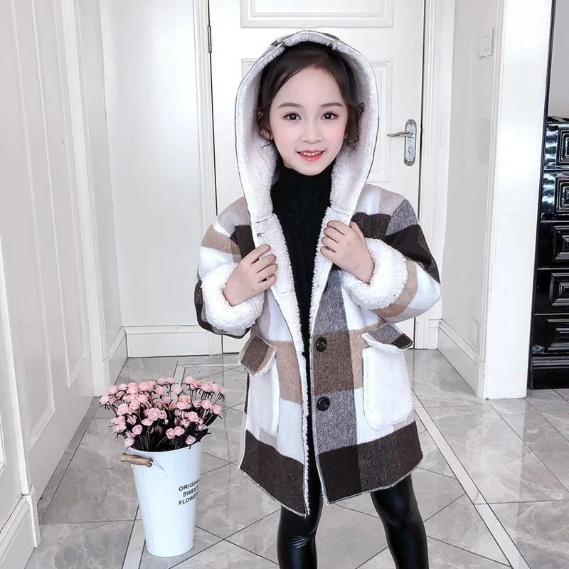 Checkered Lamb's Wool Thickened Autumn Winter Kids' Woolen Coat Mid Length Girls' Outerwear
