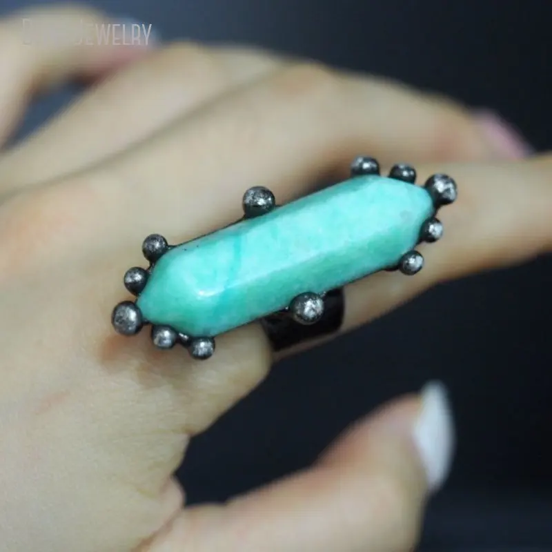 

10pcs Women Stainless Steel Witchdraft Crystal Gemstone Witch Boho Goth Punk Rock Chunky Statement Ring Amazonite Jewelry