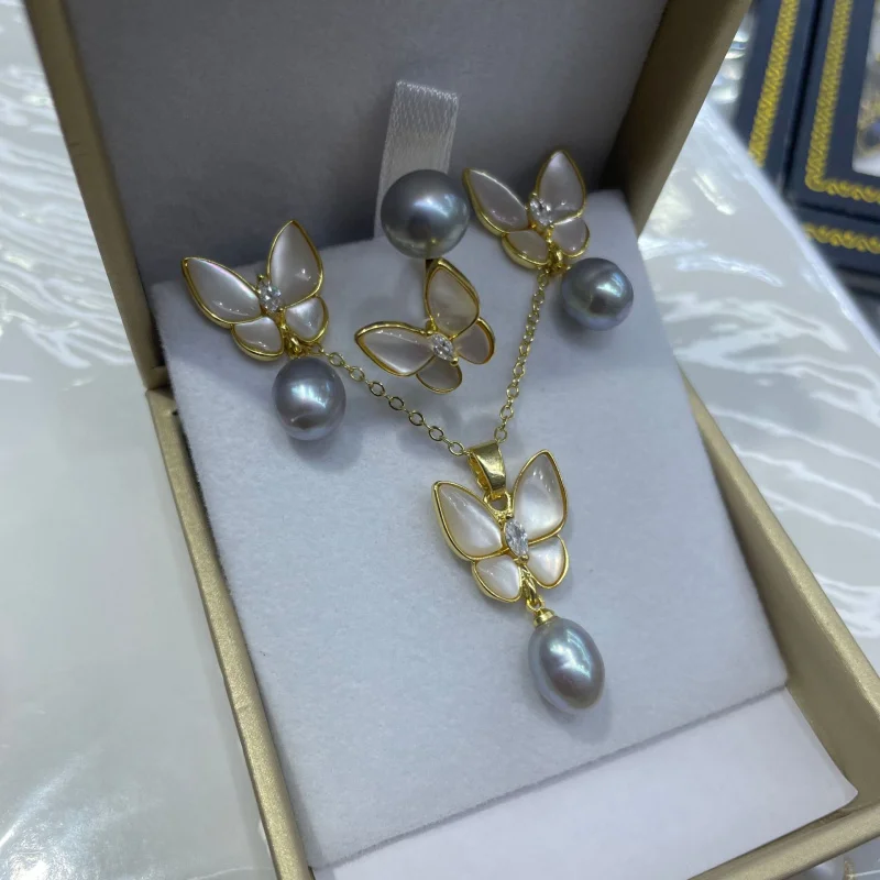 Mother-of- Inlaid Bow Natural Freshwater Pearl Set for Women Summer 8-9mm French Light Luxury Collarbone Chain Earrings