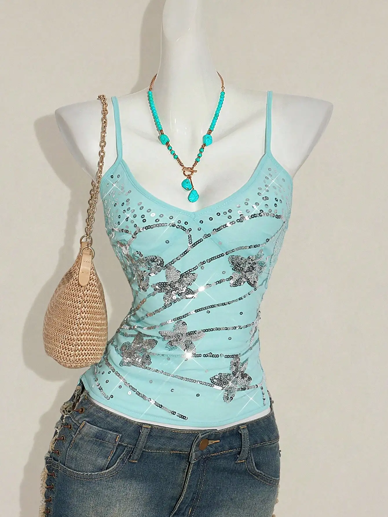 

Mint Green Sequin Embroidered Floral Camisole with Asymmetrical Hem