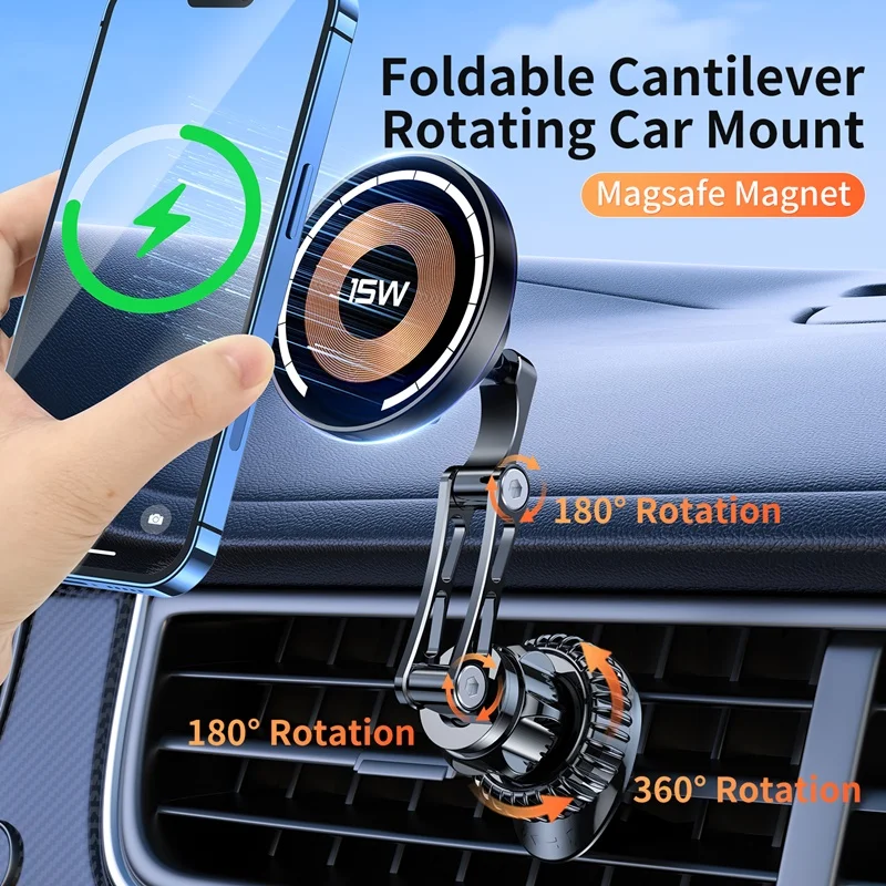 Caricabatterie Wireless per auto magnetico universale da 15W supporto pieghevole in lega 2 in1 con rotazione a 360 per Iphone 15 14 13 12 11 Pro Max