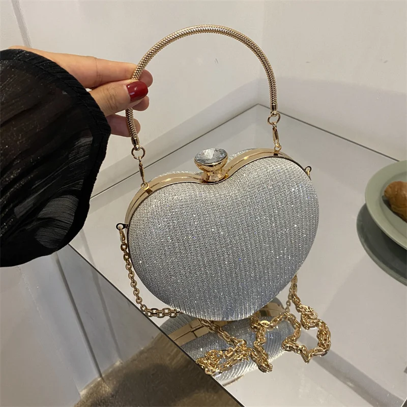 Abend Clutch Tasche Frauen Tasche Glänzende Handtasche Herz Form Metall Kupplungen Tasche Mode Kette Schulter Umhängetasche Luxus Dame Geldbörse – Detail 24
