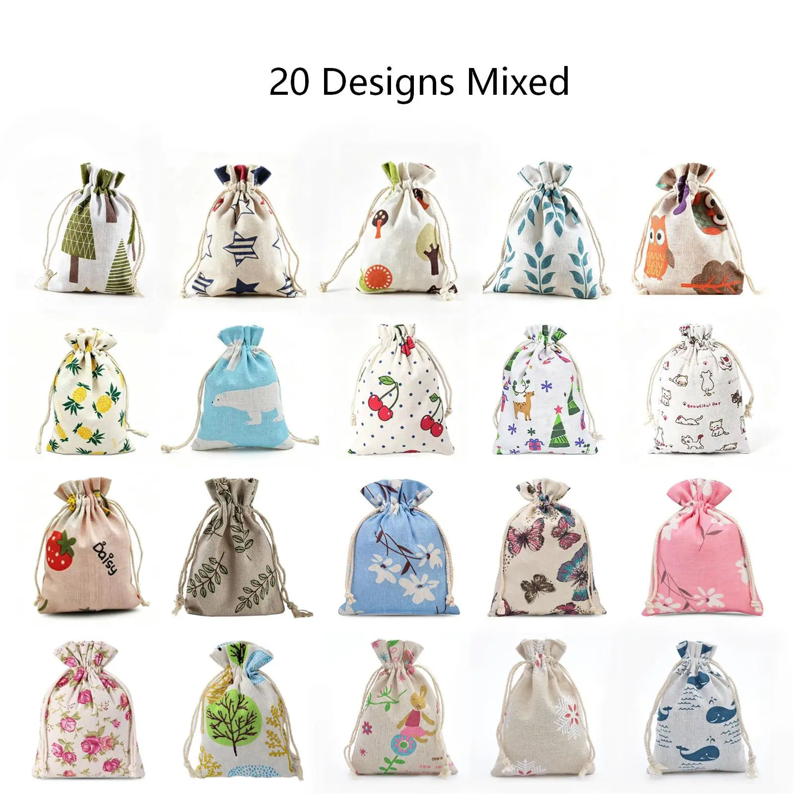 20 Desings Mixed, Linen Canvas Cloth Drawstring Bags,  Cotton Fabric Pouch, Can Be Used For Jewelry and Gifts Packaging