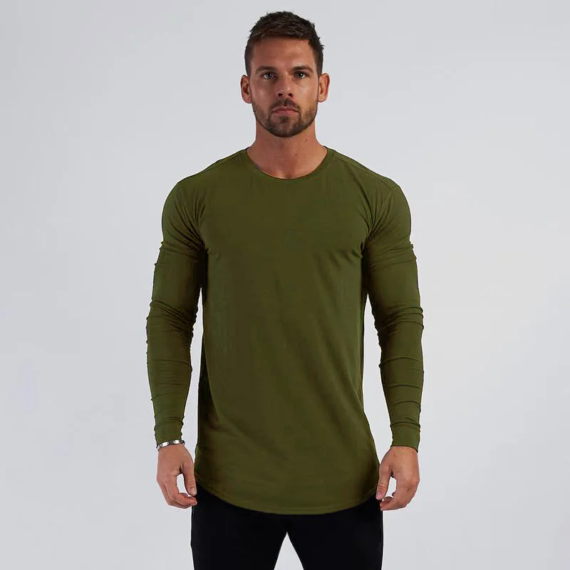 T-shirt de fitness en coton à manches longues pour hommes, t-shirt de sport coupe couvertes, chemise de course à col rond, t-shirt de gym, t-shirt de musculation, printemps, automne