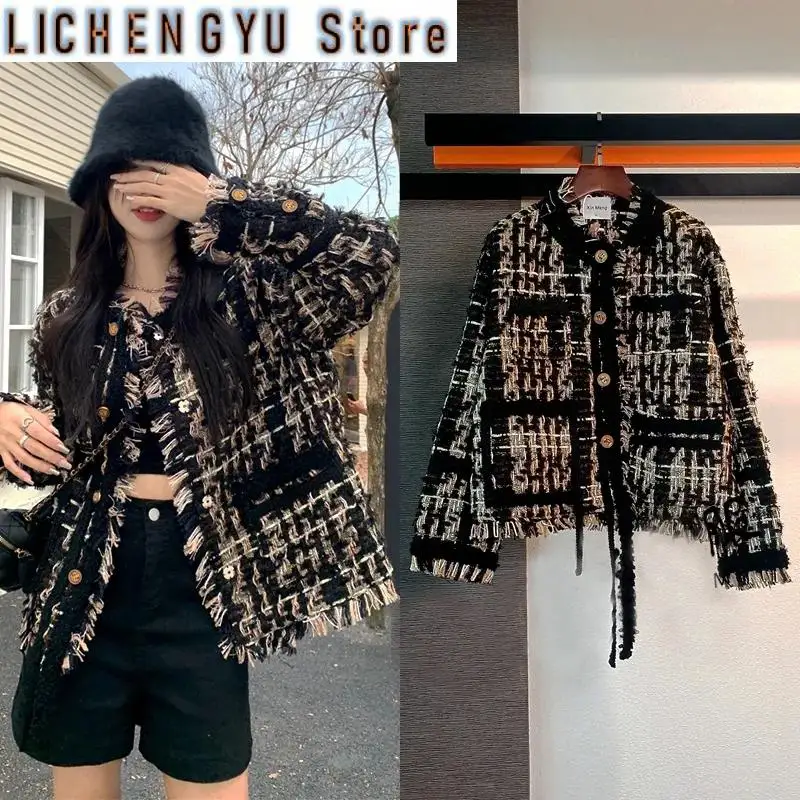 

New Vintage Cropped Tweed Jacket Women Streetwear Black Gold Braided Tassel High Quality Coat Casual Chic Button Outerwear