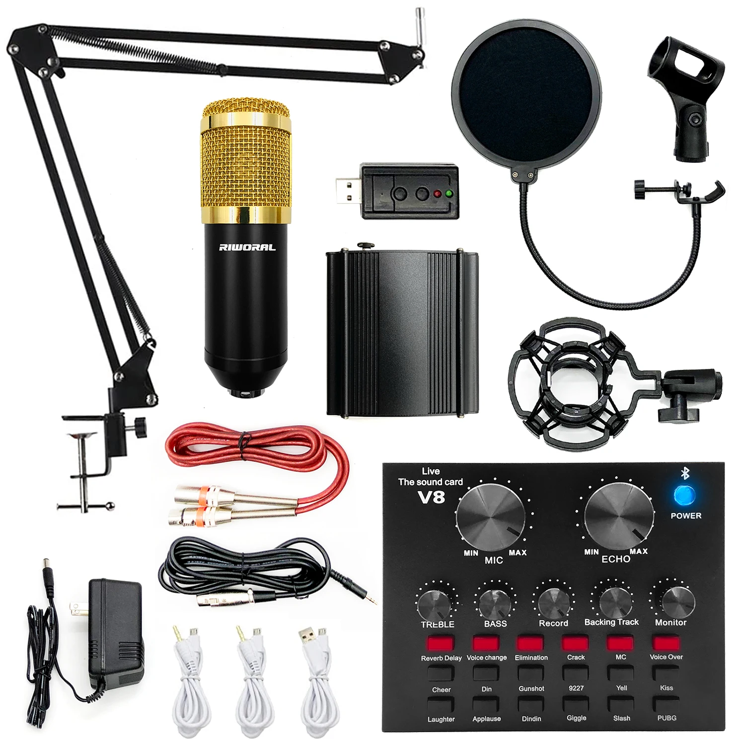 

V8 MAX Professional Karaoke Kit Wireless Audio V8 Sound Card Kit Noise Canceling Condenser Microphone for Live Metal