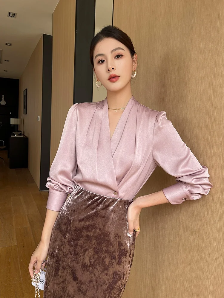 

Ele Acetate Satin irt Women's Long Sve Stand Collar High-End Design Sensation Commute Friendly Breathable Skin-Friendly