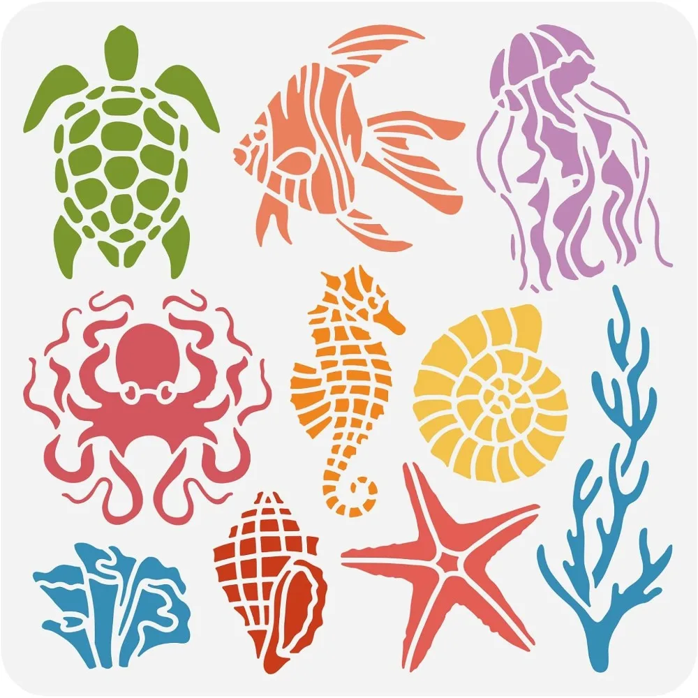 Sea Creatures Painting Stencil Turtle Octopus Jellyfish Conch Coral Ocean Creatures Stencils Template for DIY Crafts Scrapbook