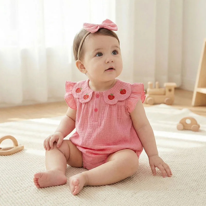 2026 Summer Baby Bodysuit 3-24M Toddler Strawberry Clothes Sweet Girls Jumpsuit +Hairband Embroidery Infant One Piece