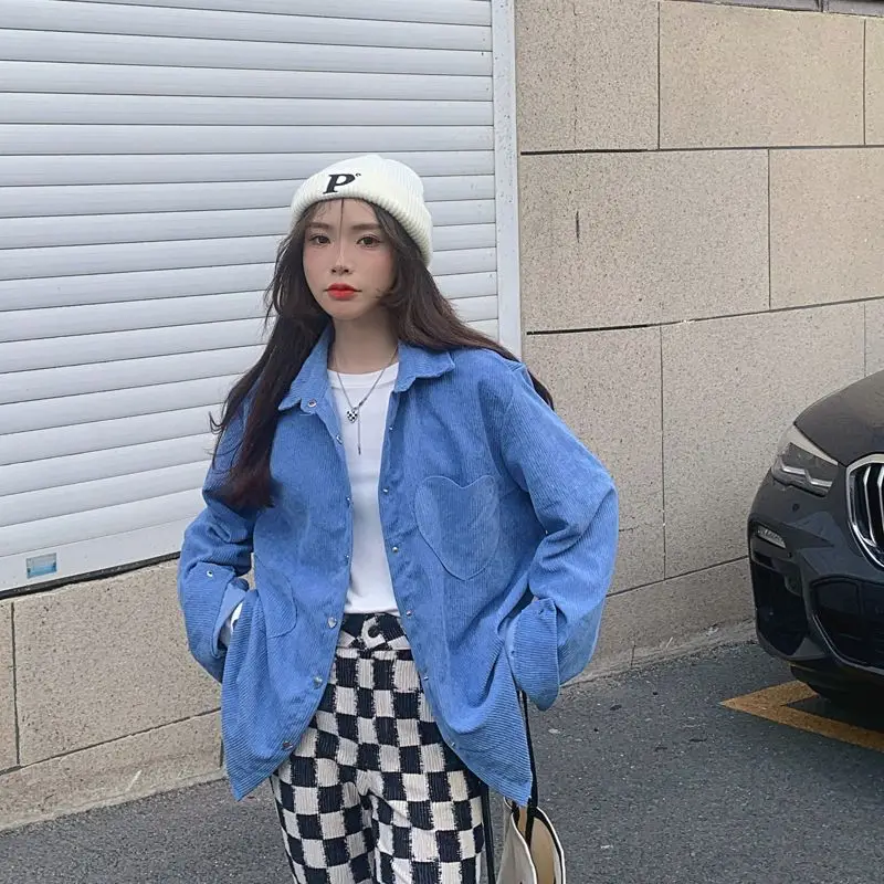 

Retro Lazy Style Blue Corduroy Shirt Women's Loose Long Sleeve Slimming Hong Kong Style Outfit Shirt Jacket Trendy