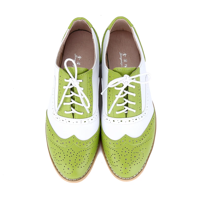 Women\'s Shoes Green White Genuine Leather Shoes Women\'s Custom Handmade Oxford Shoes Flat Heeled Women\'s Footwear