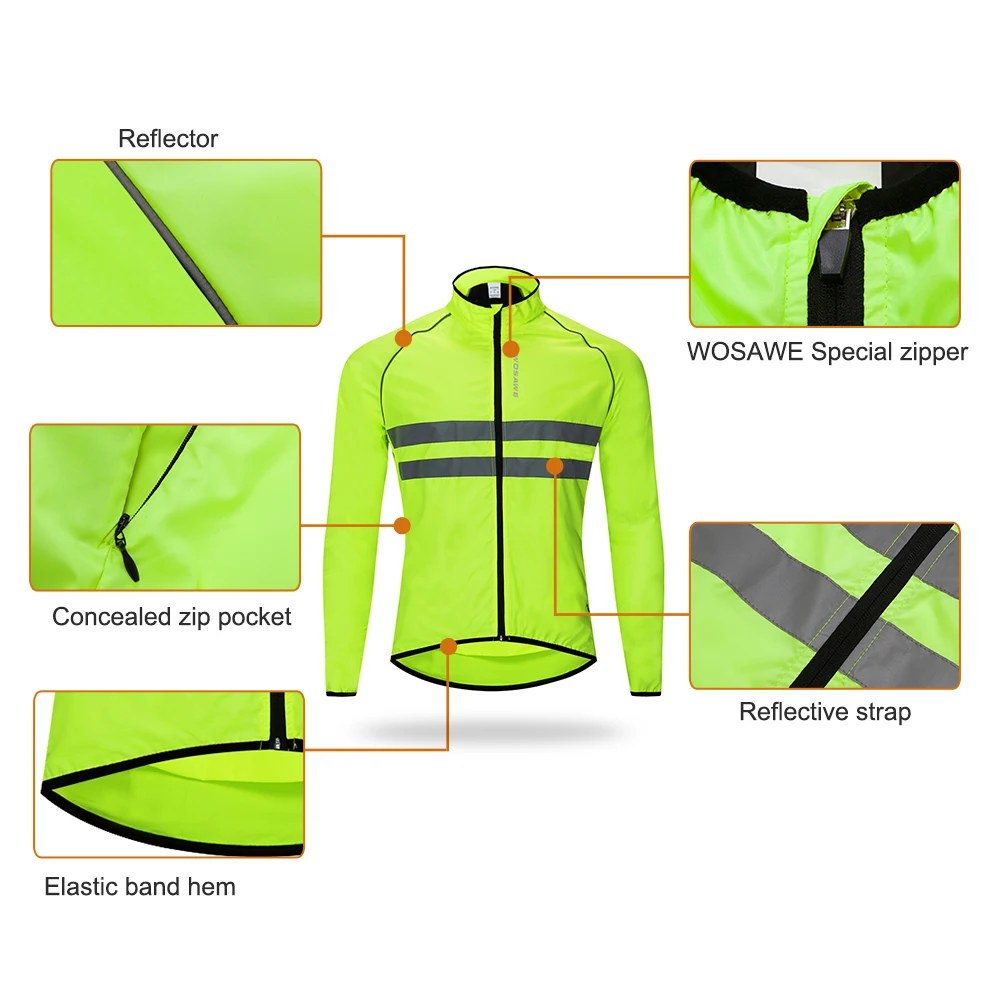 WOSAWE Reflective Jacket Lightweight Cycling Windbreaker Windproof Bike Jacket Water Resistant Long Sleeve Jersey Wind Coat Vest