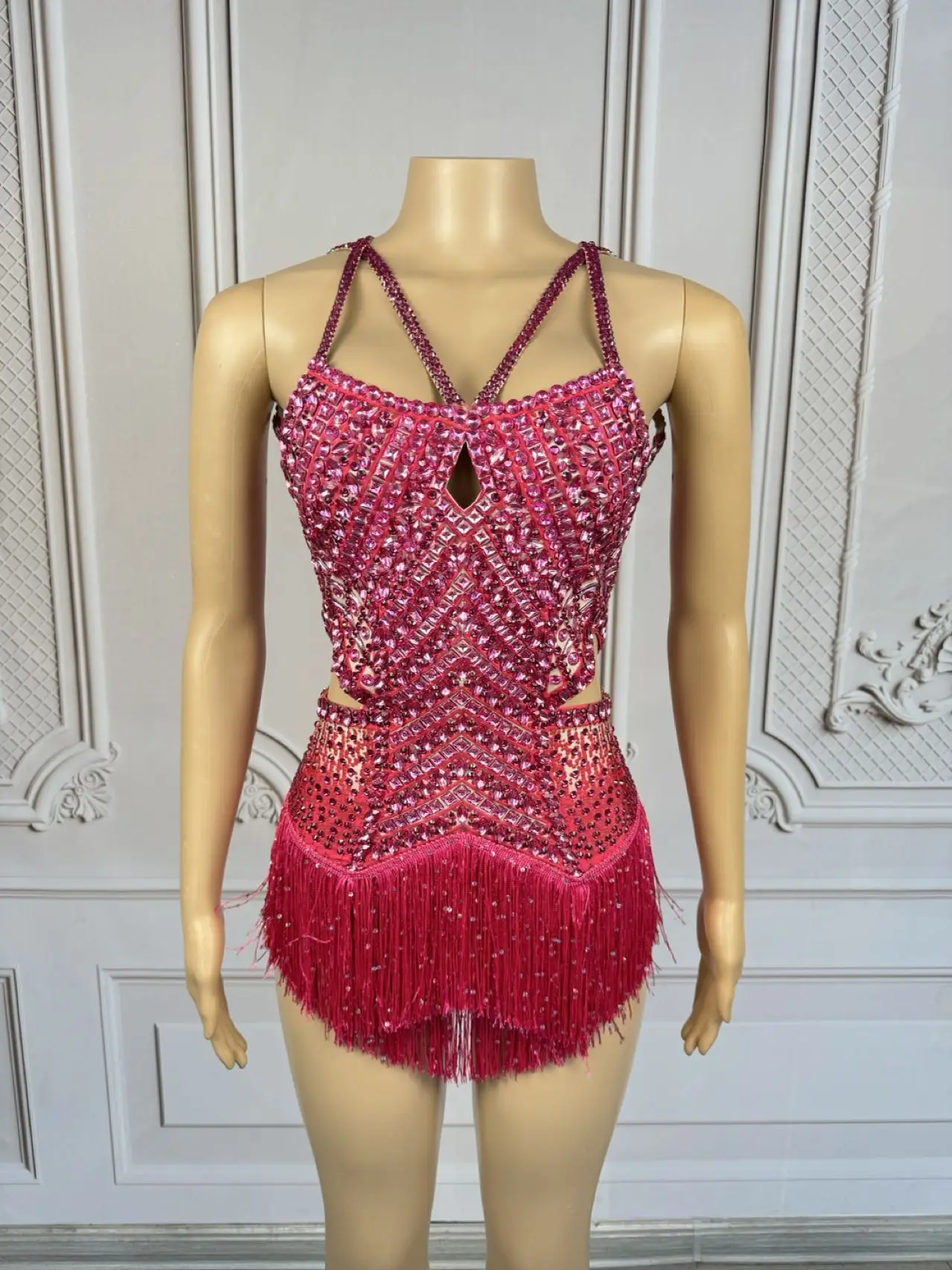 Sparklyพู่Rhinestonesบอดี้สูทเซ็กซี่Stage Performance Danceเครื่องแต่งกายNight Partyชุดนักร้องนักเต้นเวทีสวมใส่Wanxia