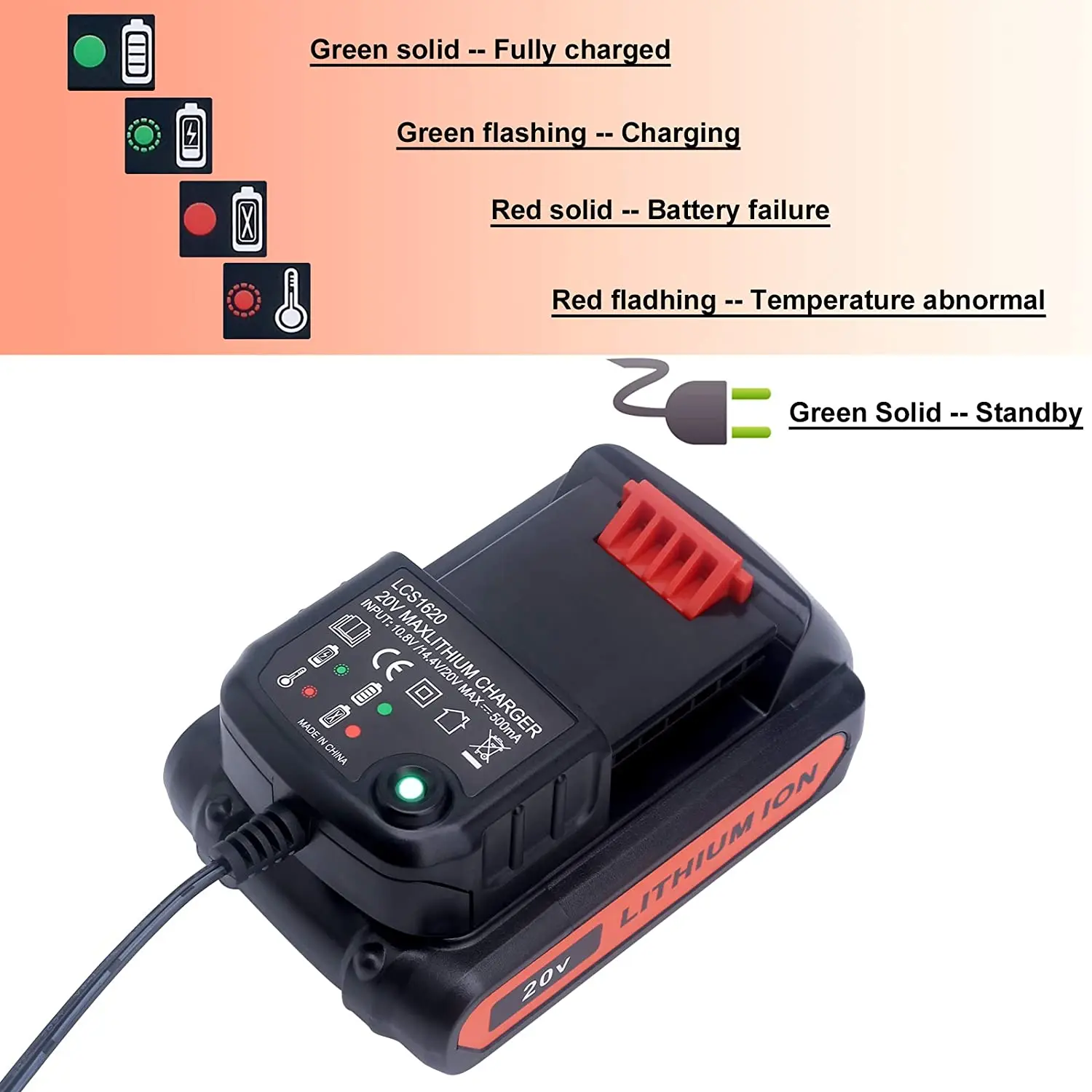 For BLACK & DECKER Lithium Battery Charger LBXR20 LCS1620 20V for LB20 LBX20 LBX4020 LB2X4020