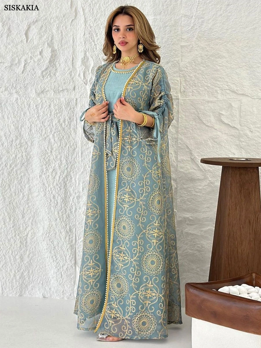 55.Dubai Siskakia Ramadan Embroidery stylish abaya Two -piece Muslim Elegant Women Evening Dress O-Neck Belted Kaftan