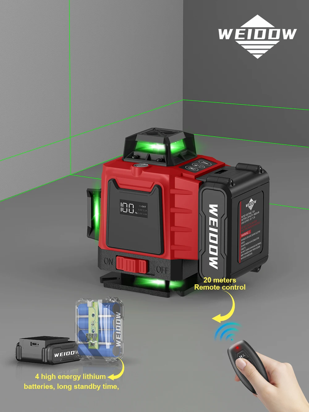 WEIDDW 16 Lines Professional Laser Level Horizontal Vertical Green Laser Automatic 360°Self-Leveling Nivel Laser Building Tools