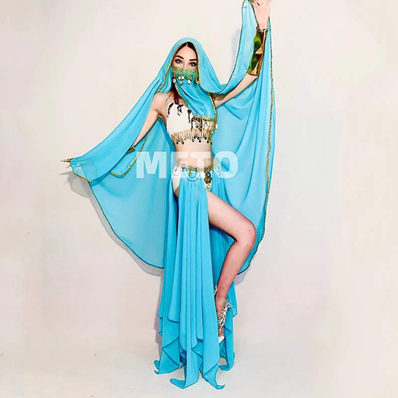 Blue Gogo แสดงเสื้อผ้า Exotic Dance เครื่องแต่งกายเลื่อมอียิปต์บิกินี่ลาก Queen ชุดสีส้มเทศกาล Rave เสื้อผ้า 3640