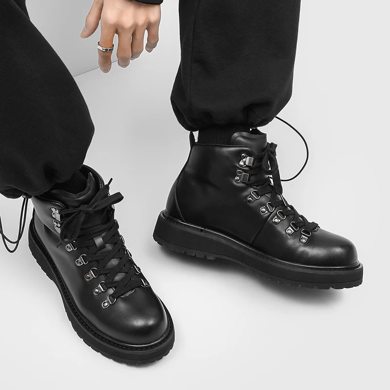 Men Retro Hiking Boots Thick Sole Outdoor Ankle Boots Lace Up Non-slip Casual Leather Motorcycle Boots Leisure Walk Shoes Botas image 5