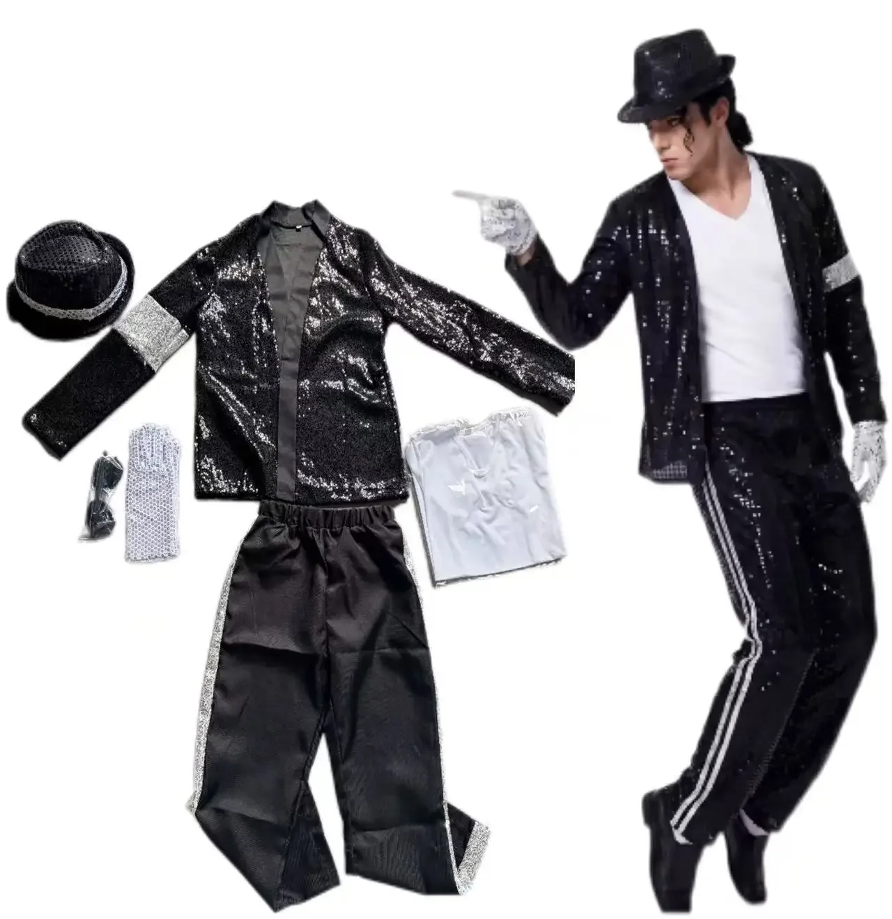 Costume de cosplay Michael Jackson pour adulte, perruque noire, vêtements de scène tendance, ensemble complet, tenue hip-hop
