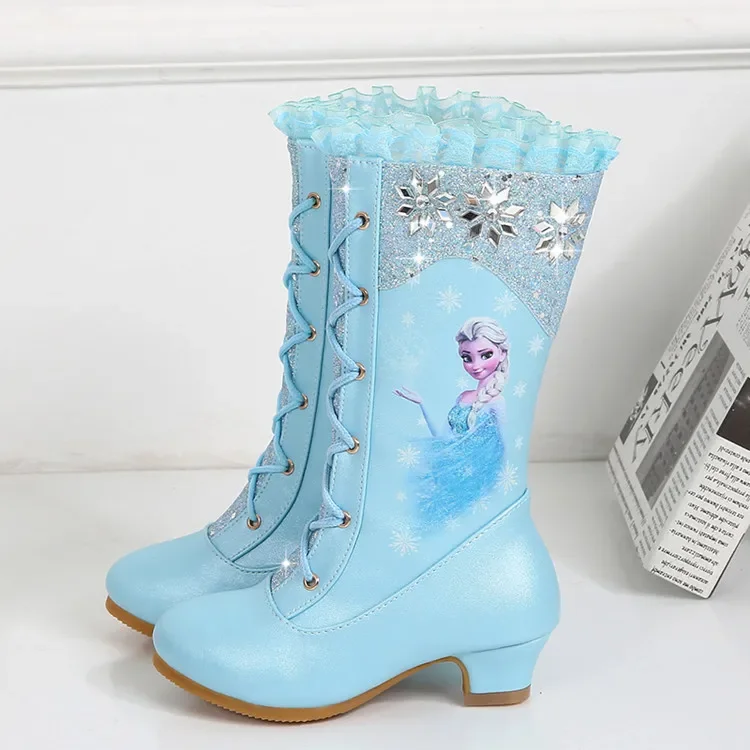 Disney girls boots autumn new high-tube all-match plus velvet elsa children\'s high-heeled princess boots frozen