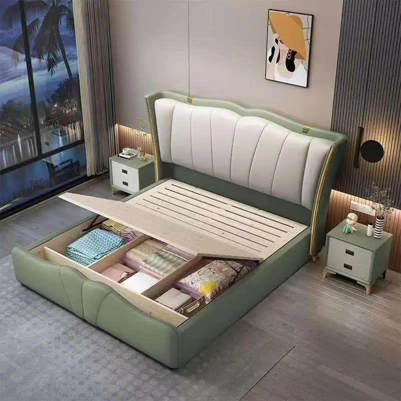 *Two Tone Wing Back Leather Storage Bed Modern Light Luxury Gold Trim Gas Lift Upholstered Queen Bed