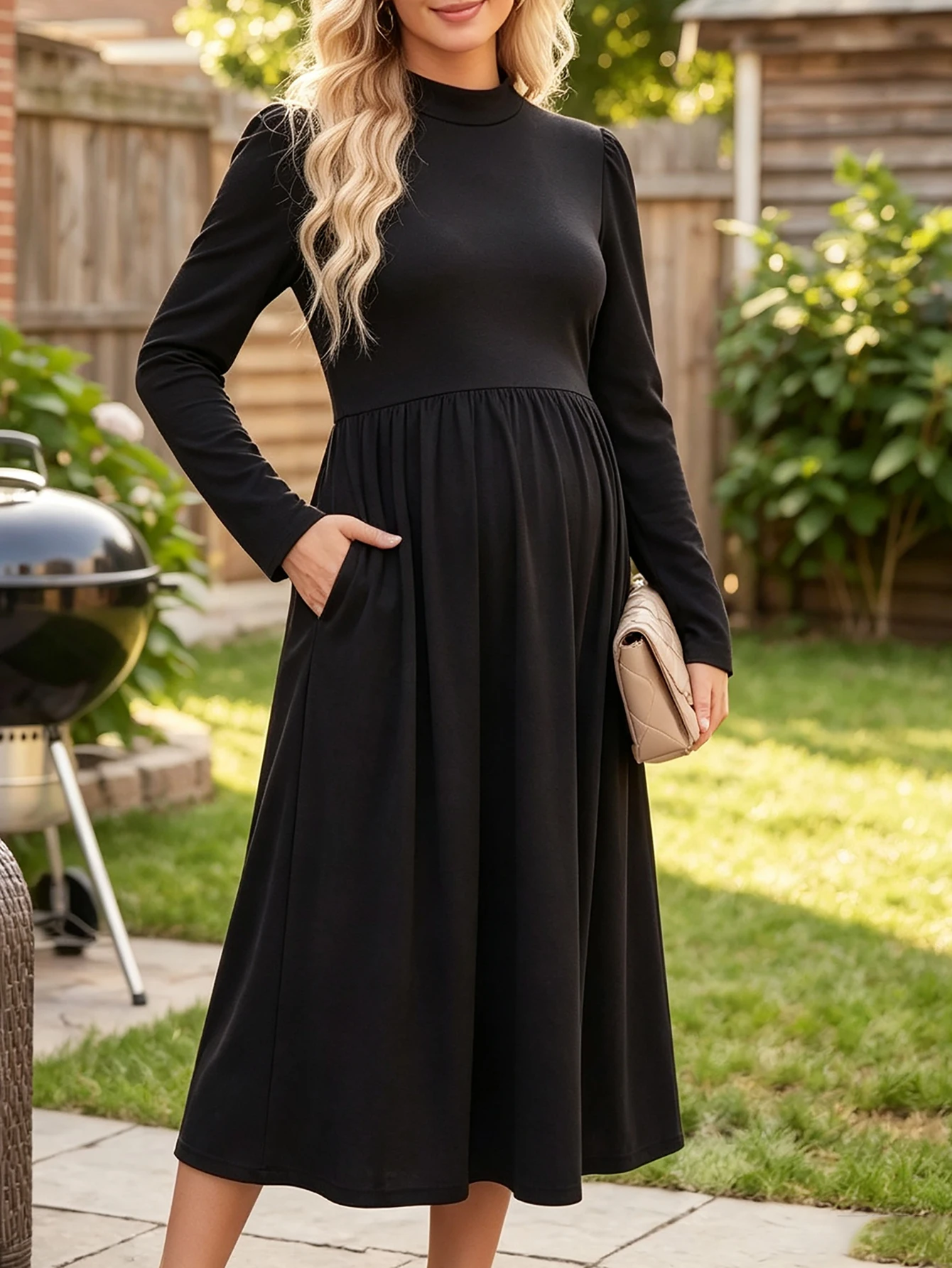 Maternity high neck with pocket long sleeve black dress autumn winter casual home comfortable long dress maternity wear