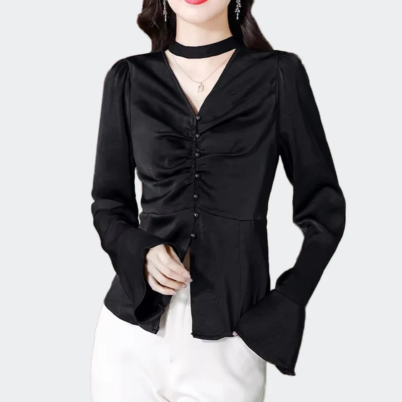 

High Quality Women's Silk Blouses Fashion Folds Design Slim Waist V-Neck Shirts Women Casual Streetwear Tops Blusas Mujer 2025