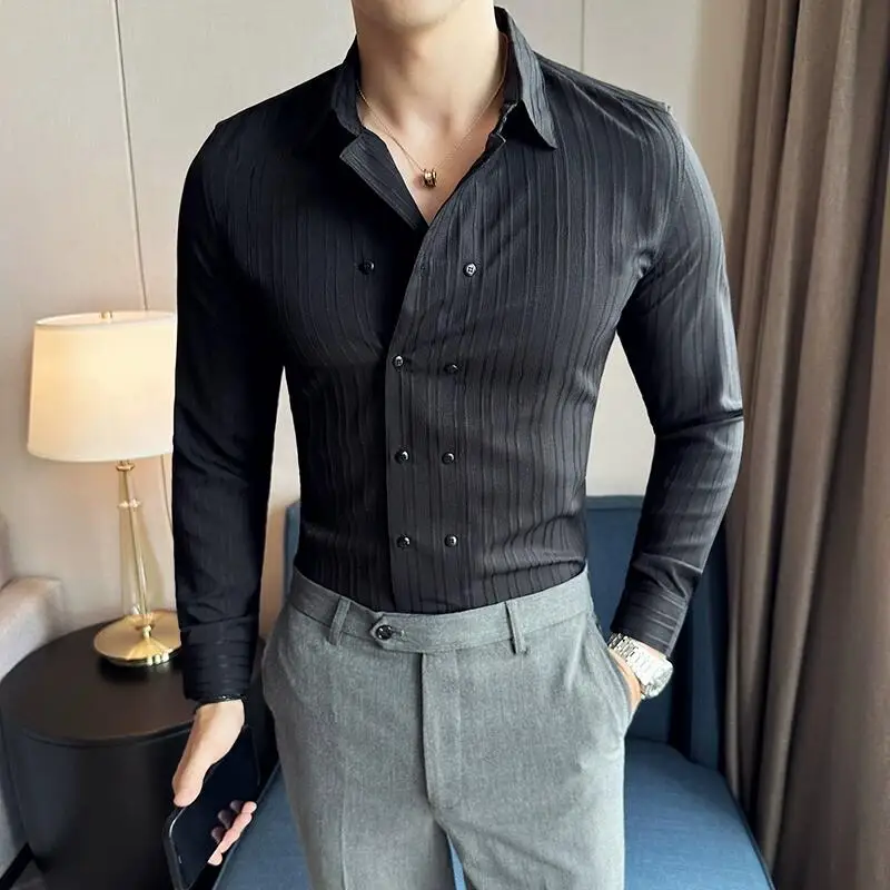 British Style Men Double Breasted Shirt 2023 Autumn New Long Sleeved Striped Slim Fit Shirts Formal Business Social Party Tuxedo