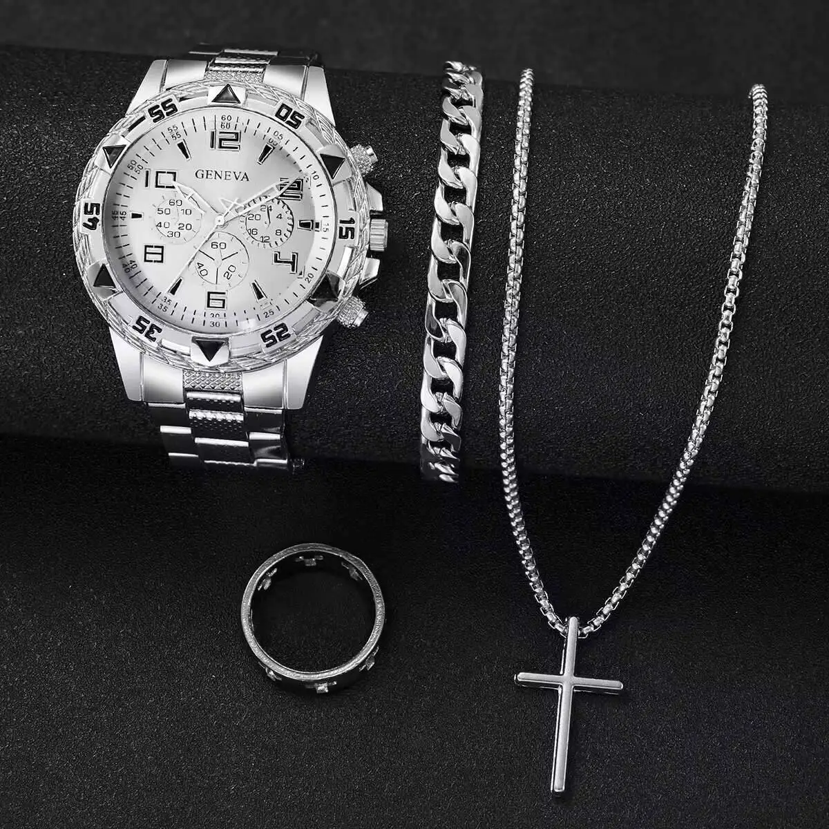 4 개/대 럭셔리 대형 다이얼 남성 비즈니스 시계 남성 쿼츠 시계 패션 쥬얼리 세트 Reloj Hombre(상자 제외)