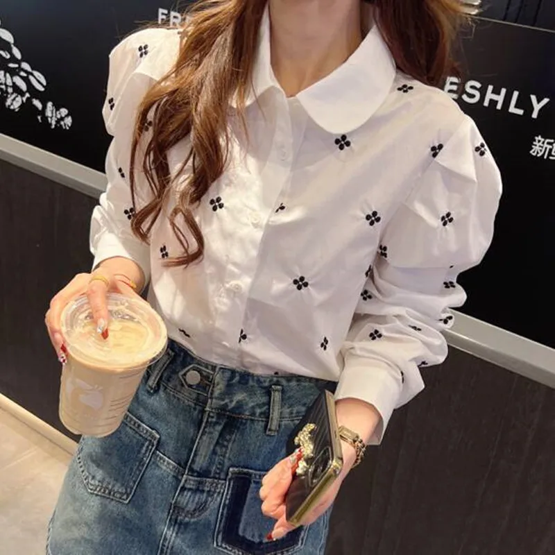 2024 New Spring Summer Women Blouses French Peter Pan Collor Printed Shirt Casual Tops Elegant White Work Wear Chiffon Shirts