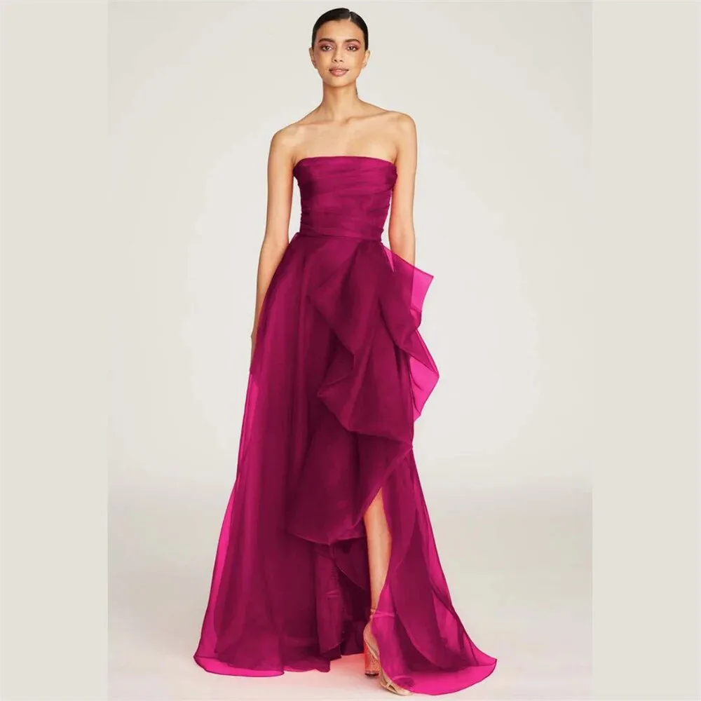 Red Off Shoulder A-line Prom Dress Sexy Side High Split فستان حفلات الزفاف High-low Strapless Tulle vestidos de festa