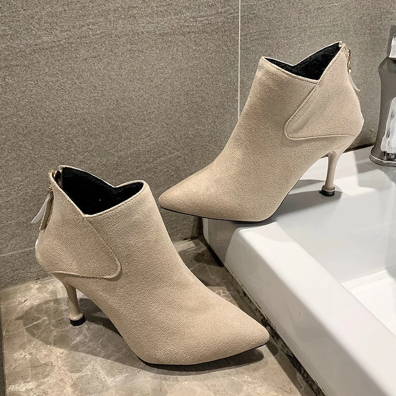 Autumn And Winter New Pointed Toe Thin-heeled Mid-heeled Boots High-heeled Lnternet Celebrity Versatile Short Suede Nude Boots