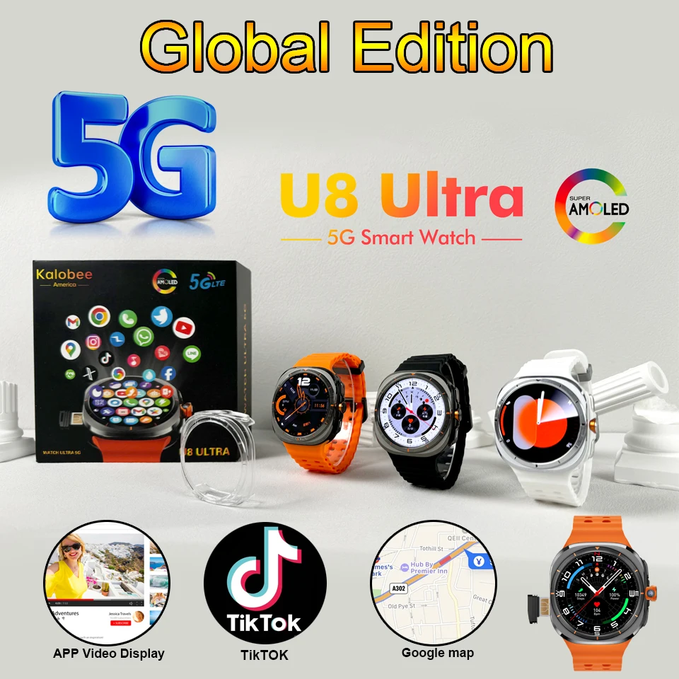 New 5G Network SIM Card Smart Watch 180° Camera GPS Wifi NFC TikTok Google Map IP67 Android Men Women Smartwatch For Samsung U8