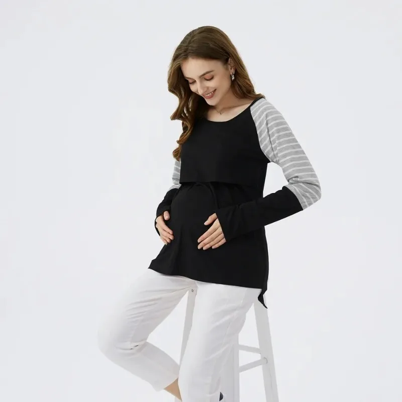 تي شيرت نسائي حامل جديد ناعم ومريح مخطط بأكمام طويلة مع رقبة دائرية وقميص مريح للرضاعة #4