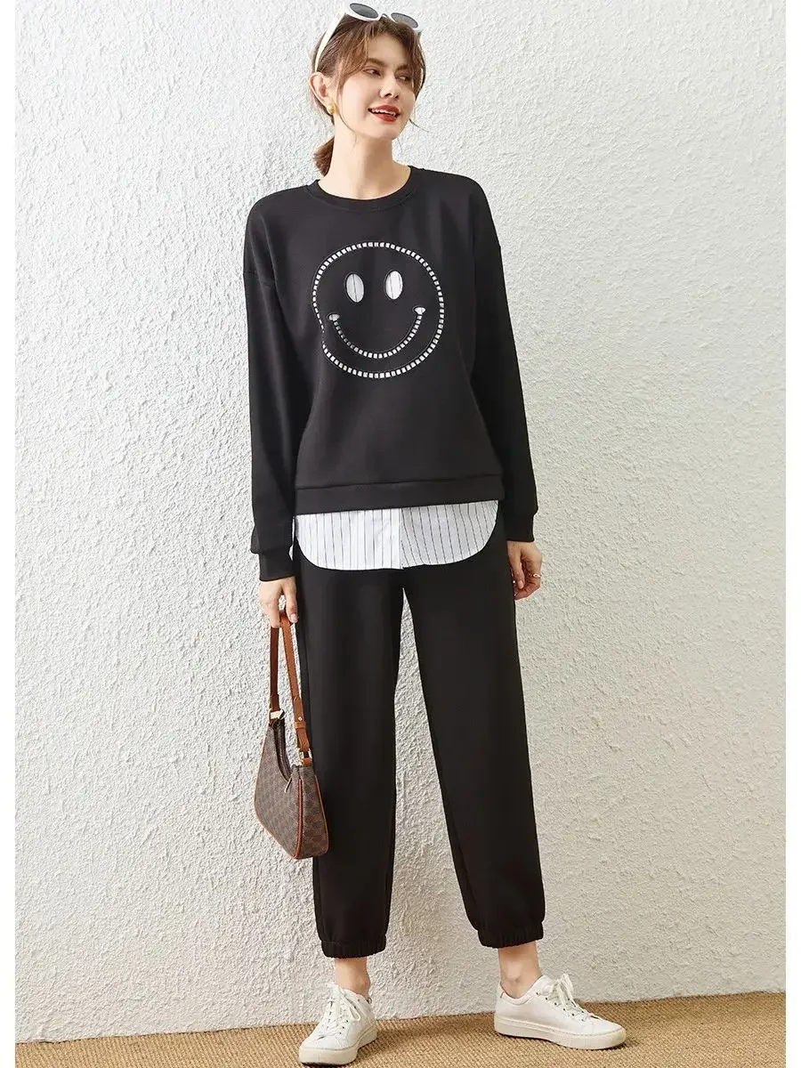 Louis Yao Vrouwen Sweatshirt Tweedelige Set 2024 Lente Ronde Hals Lange Mouw Nep Twee Stukken Casual Cropped Broek Set