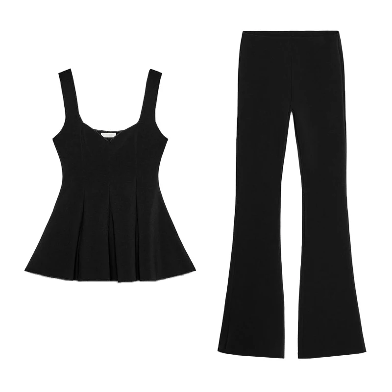 Top rotondo elastico a vita alta Ne e pantaloni svasati Set due pezzi gonna ort orlo Sle design semplice estate Faion donna...
