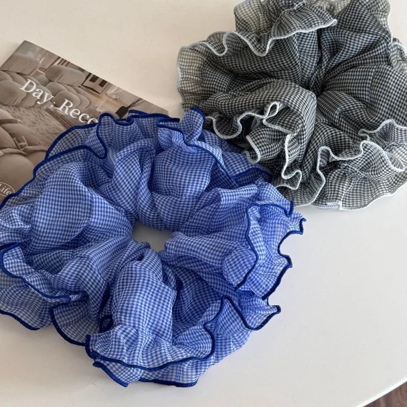 Korean chiffon plaid elastic hair bands women high end head flower ball hair rope elegant headrope