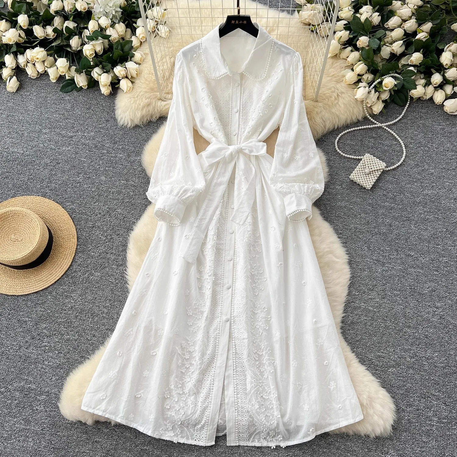 الفرنسية الرجعية التلبيب فانوس كم التعادل الخصر فستان ماكسي الإناث بوهو التطريز أنيقة فساتين طويلة فستان عطلة الشاطئ عادية