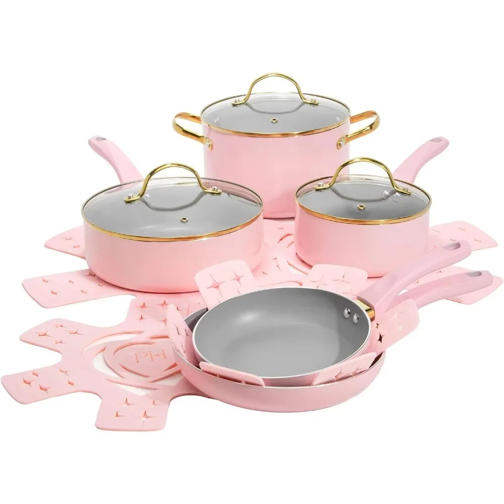 

Paris Hilton Epic Nonstick Pots and Pans Set, Multi-layer Nonstick Coating, Tempered Glass Lids, Soft Touch, Stay Cool Handles