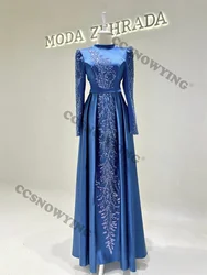 Satin Appliques Beaded Muslim Evening Dresses Long Sleeve Hijab Islamic Formal Party Gown Arabic Dubai Women Robes De Soirée