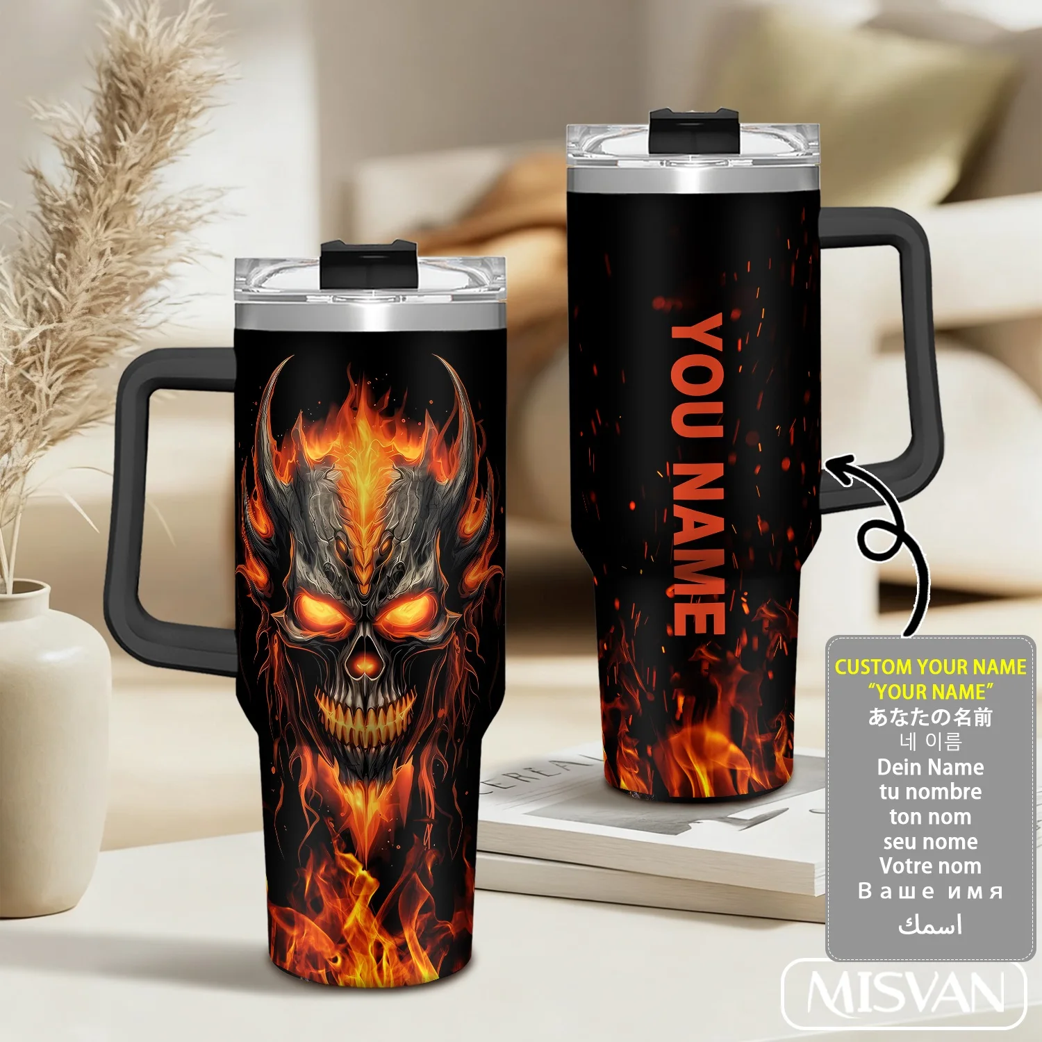 

1PC,40oz Custom Name,Flaming Demon Skull.Insulated Stainless Steel Cup.Large Capacity,Portable for Car,Personalized Gift.