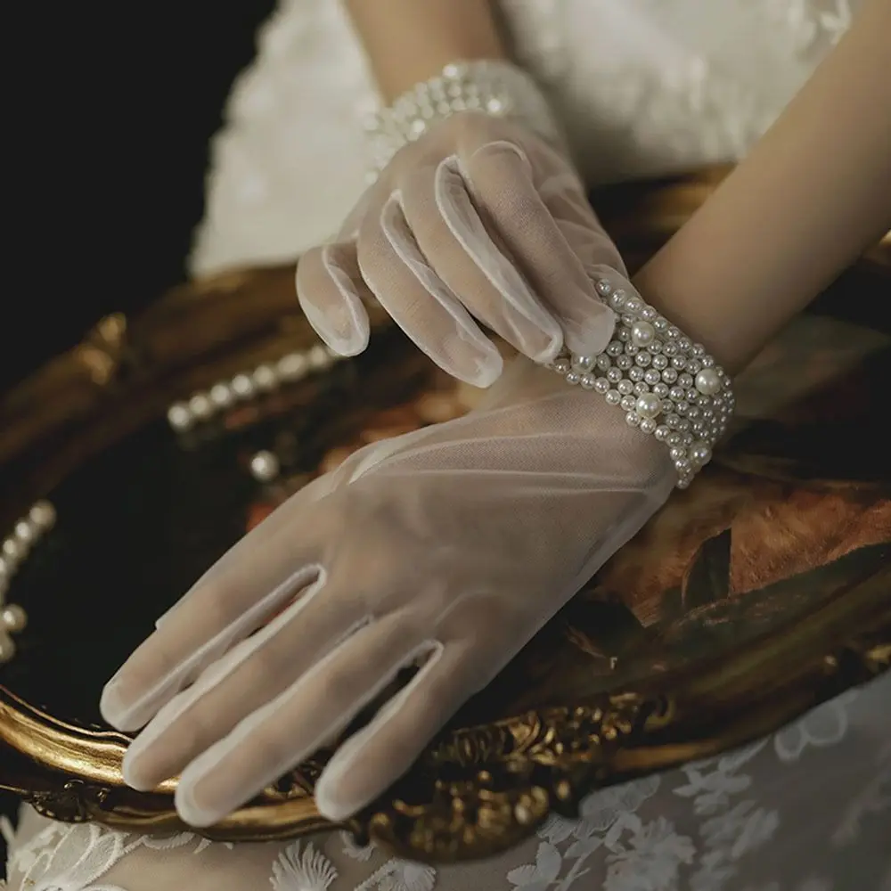 Gants en maille et dentelle pour femmes, accessoires de Cosplay, Vintage, perles, poignet, mariage, mariée, mitaines, robe de soirée