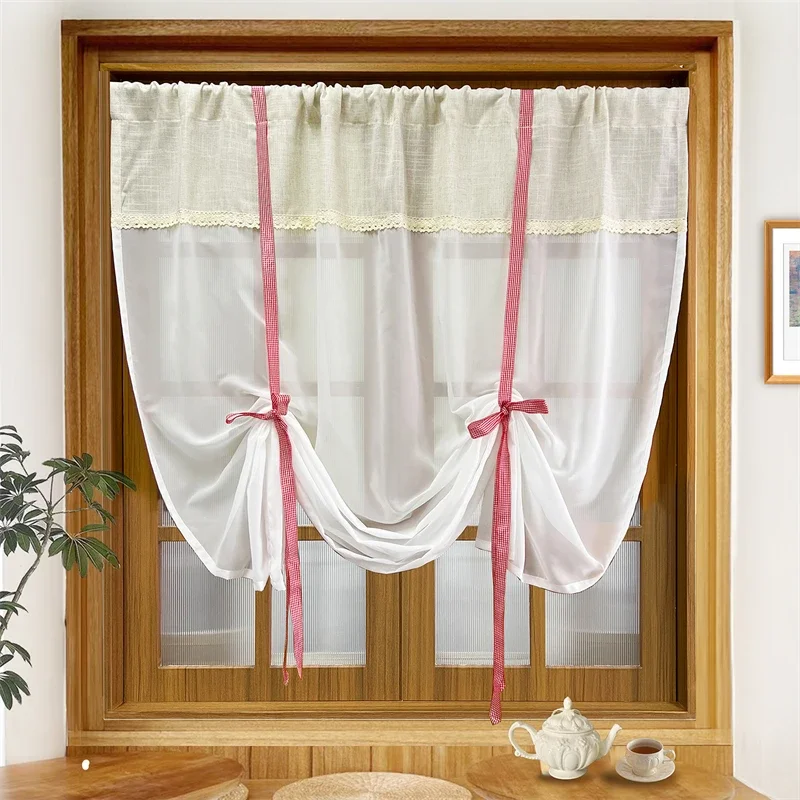 

Rural Freshness Ribbon Lifting Curtain Linen Sheer White Tulle Curtain Roman Blind Bedroom Drapes For Small Window Cafe Balcony