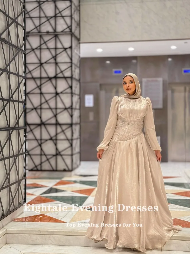 Eightale Arabisches Abendkleid, O-Ausschnitt, Falten, Krepp, maßgeschneidert, bodenlang, muslimisches Champagner-A-Linien-Abschlussball- und Hochzeitskleid
