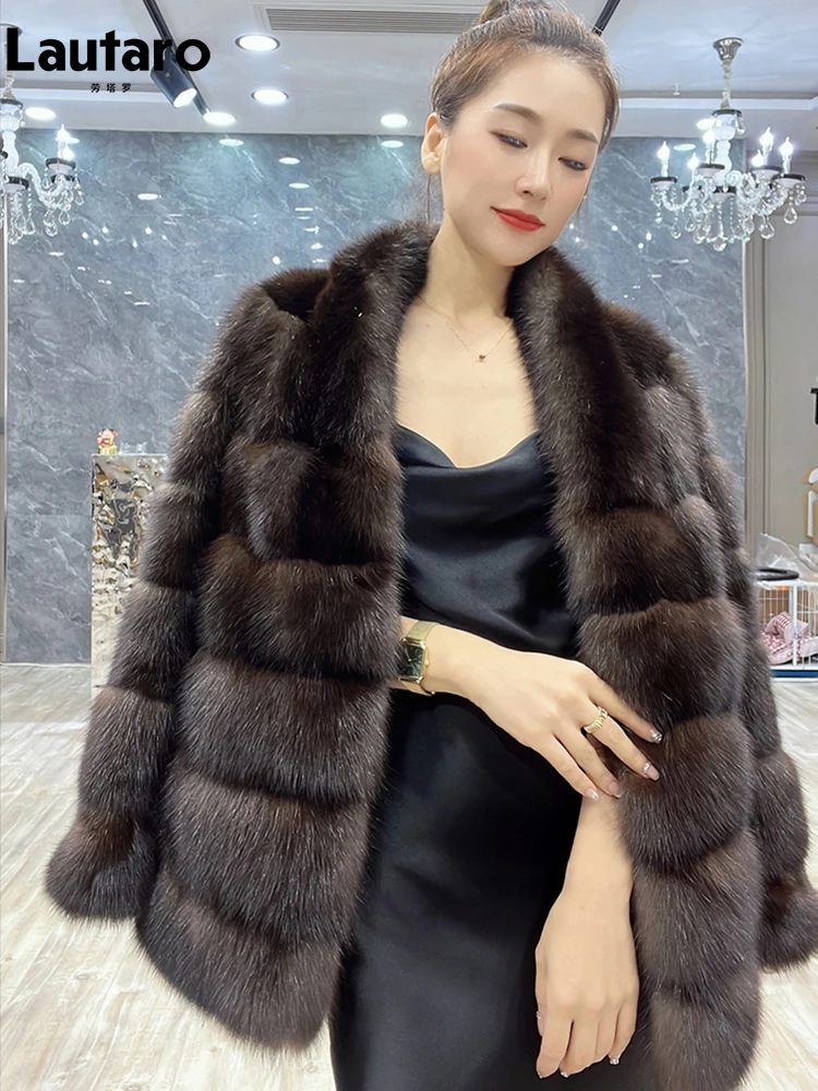 Lautaro Autumn Winter Elegant Luxury Chic Thick Warm Striped Hairy Faux Sable Fur Coat Women V Neck High Quality Fluffy Jacket