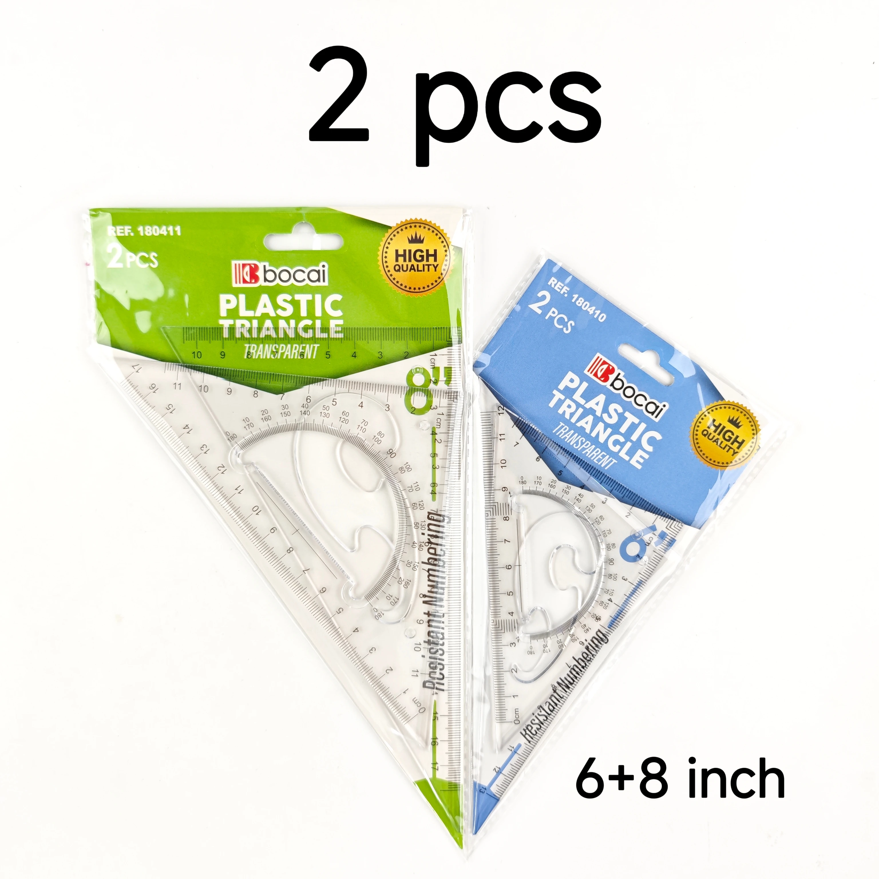 2-delige driehoekige liniaalset, transparante plastic geodriehoek, 6-12 inch, schoolbenodigdheden voor wiskunde en meetkunde.