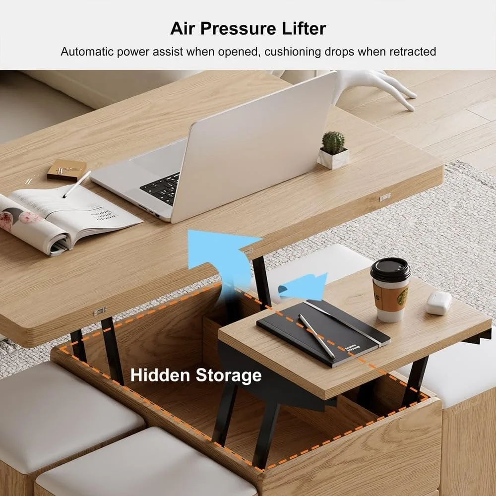 Lift Top Coffee Table with Hidden Storage, 3 in 1 Multi-Function Modern Folding Center Table with 4 Stools and Casters