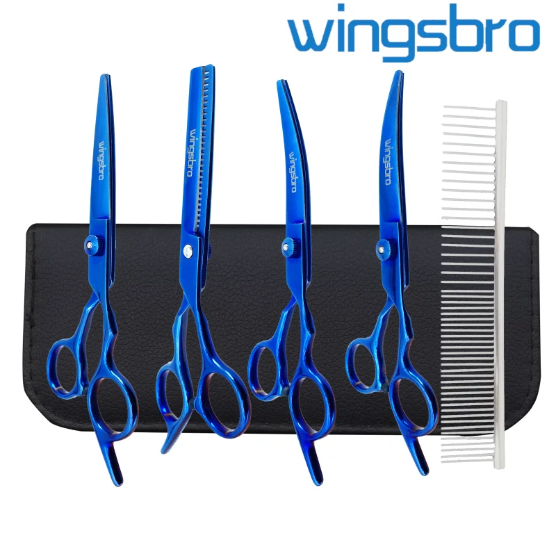 

6.5"Blue Professional Dog Grooming Scissors Set Straight Scissor Curved Thinning Shear Curved Scissor Curved Chunkers Shear