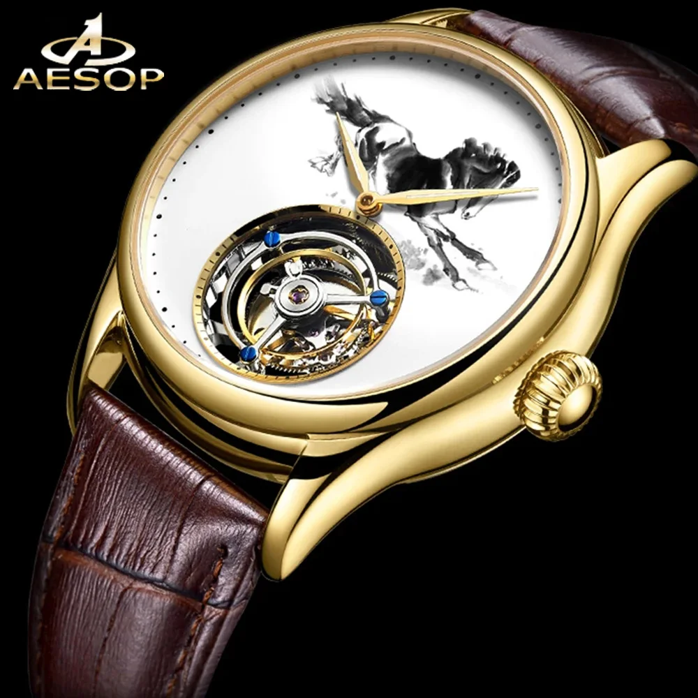 AESOP Tourbillon Skeleton Watch For Men Double-Sided Gemstone Glass Fine Steel Case Waterproof Mechanical Watches Ink Painting H