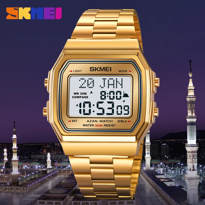 SKMEI All-steel Display Stopwatch Sports Watches Mens Muslim Prayer Azan Compass Alarm Hijri Islamic Male Digital Wristwatches